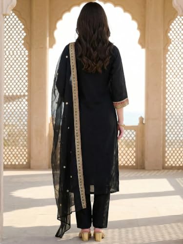 Image of INDO ERA Women's Maroon Silk Blend Embroidered A-Line Kurta & Pant With Dupatta Set (IESTR6990)