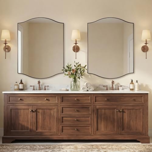 Image of ANDY STAR 30 inchx40 inch Bronze Bathroom Mirror, Rectangle Scalloped Wall Mirror in Stainless Steel Metal Frame, Modern Brushed Bronze Finish with Curved Edge Design, Wall-Mount Mirror for Bathroom, Entryway