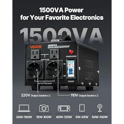 VEVOR Voltage Converter Transformer, 1500VA, Heavy Duty Step Up/Down Power Transformer, Convert from 110V to 220V and 220V to 110V, with EU Outlets, US Outlets, Power Cord, Circuit Breaker Protection