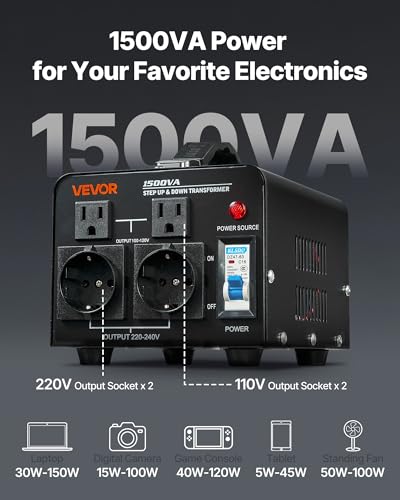 Image of VEVOR Voltage Converter Transformer, 1500VA, Heavy Duty Step Up /Down Power Transformer, Convert from 110V to 220V and 220V to 110V, with EU Outlets, US Outlets, Power Cord, Circuit Breaker Protection