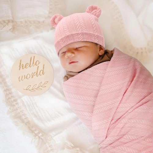 Image of DRESHOW BQUBO Newborn Receiving Blankets for Baby Girl Boy Swaddle with Bear Hat No Scratch Mittens Announcement Card Set for 0-3 Months