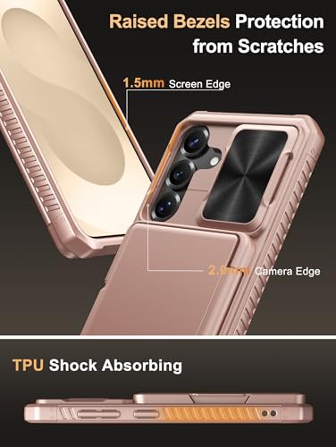 Image of Vihibii for Samsung Galaxy S25 Case with Card Holder (4 Cards) [RFID Blocking] & Slide Camera Cover, Military Grade Drop Protection, Rugged Back & Silicone Edge Wallet Case, 6.2 inch 2025, Rose Gold