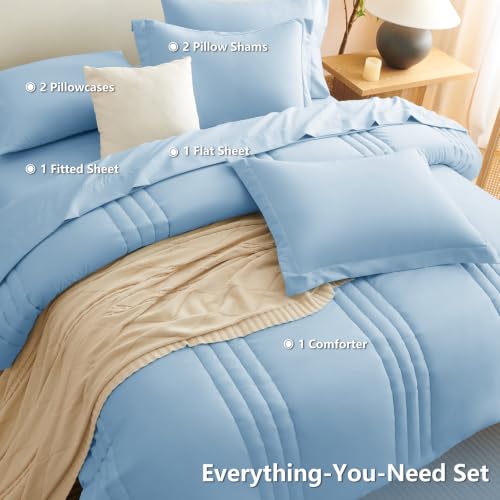 Image of CozyLux King Size Comforter Set Baby Blue - 7 Pieces Bed in a Bag, Modern Vertical Quilted Room Decor, Soft All-Season Bedding Gift with Comforter, Sheets, Pillowcases & Shams