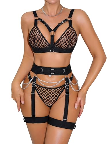 Image of Alrovetoney Sexy Lingerie Set For Women With Garter Belt 5 Pieces Strappy Bra and Panty Set Adjustable With Chain