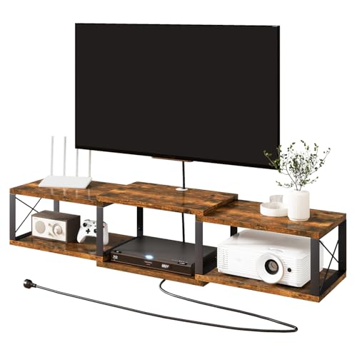 IBUYKE Floating TV Stand with Power Outlet,Wall-Mounted Floating Stand for TVs up to 55',Metal Entertainment Center,Wall Mounted TV Shelf with Storage for Living Room Bedroom,Rustic Brown UWST011H