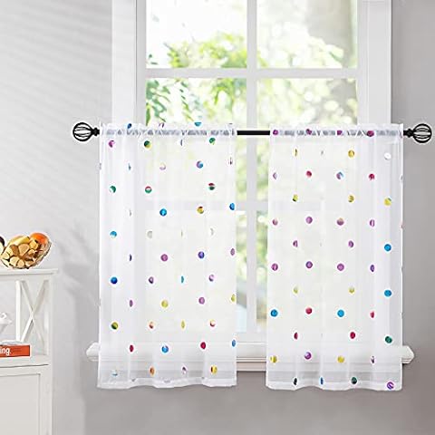 White Semi-Sheer Café Curtains 36 inch length Shiny Metallic Polka-Dot Printed Sheer Voile Window Treatment Set Lightweight Airy Rod Pocket Kitchen Tier Curtain Panels for Dining, 28" width 2 Panels Cover