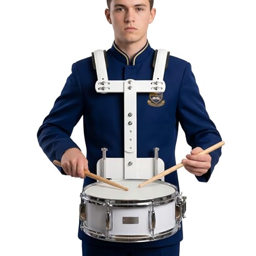 ARTIBETTER Adjustable Marching Snare Drum Carrier - Lightweight Aluminum Harness with Thickened Padded Shoulders Height & Width Adjustable Holder for School Band & Drumline White (Fits 10-14)
