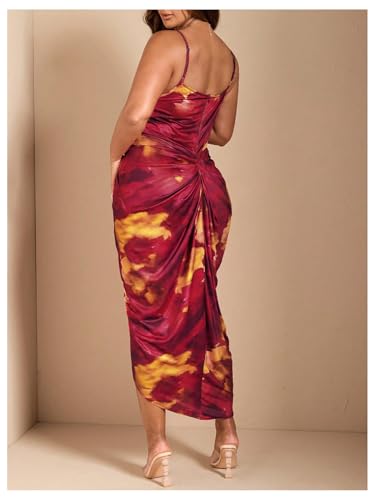 Image of WDIRARA Women's Plus Size Tie Dye Bodycon Long Dress Cowl Neck Sleeveless Ruched Split Cami Dresses