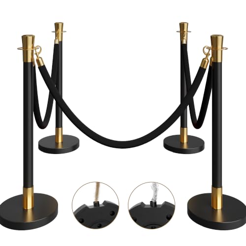 Image of 4 Pack Black&Gold Stanchions and Velvet Ropes Set, Stainless Steel Crowd Control Barriers, 3Pcs Black Ropes and Poles for Party Supplies,Photobooth Accessories, Prom,Birthday,Business,Wedding, Museums