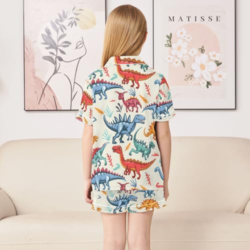 ALAZA Cartoon Dinosaur Leaves Pajamas Satin Pajama Set Short Sleeve Button Down Sleepwear4