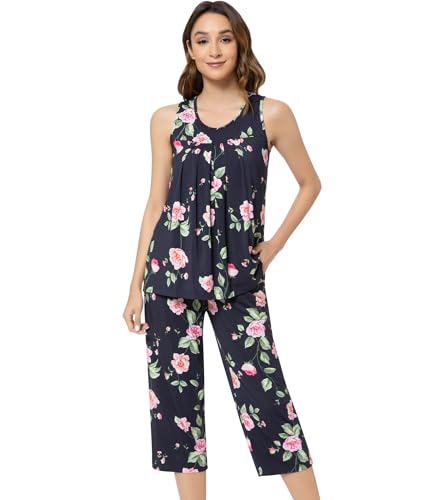 Image of NACHILA Pajamas for Women-Viscose Made from Bamboo, Sleeveless Pjs Tank Top Capri Pants Pajama Sets Cooling Sleepwear
