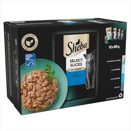 Sheba Select Slices in Gravy – Fish Collection – Wet cat food pouches for adult cats – 12 x 85g pack