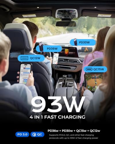 Image of Sevenaire Retractable Car Charger [Ultra-Compact], 93W 4 in 1 Car Charger with Dual USB C Cables 36W + 30W PD PPS SFC 2.0, Retractable Cables, Compatible for iPhones, iPad, Galaxy, Pixel