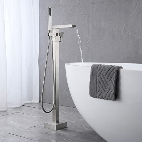 Wowkk Freestanding Bathtub Faucet Waterfall Tub Filler Brushed Nickel Floor Mount Brass Single Handle Bathroom Faucets With Hand Shower #TOP2