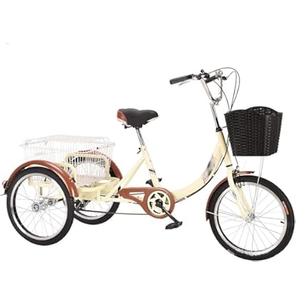 20-Zoll-Fahrrad mit Einkaufskorb, dreirädriges Cruiser-Fahrrad, Sechsgang-Dreirad für Erwachsene, für Freizeit, Einkaufen, Picknicks, Training, Herren und Damen (Beige)
