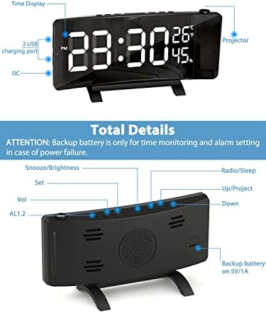 PEYOU Projection Alarm Clock, FM Radio Alarm Clocks Bedside with [3-Color Digital Display], Temperature & Humidity, 2 USB Charging Port, 4 Dimmers, Snooze, Digital Clock for Bedroom/Office/Kids/Gift