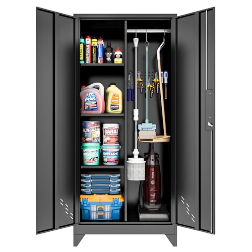 CBNTKI Metal Garage Storage Cabinets with Lock Cabinet with Pegboard & Hanging Rod Broom Closet Storage Cabinets Black Lockable Steel Tool Cabinet for Home Garage Utility Room