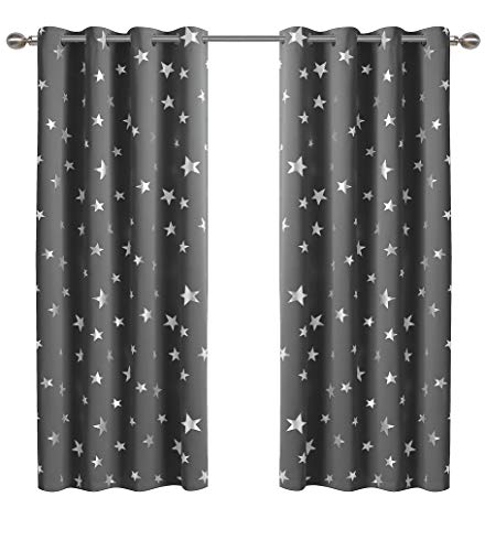Anjee Star Blackout Curtains for Bedroom 63 Inches Length Grey Window Drapes Silver Foil Printed Room Darkening Panels Grommet Thermal Insulated Drapery Kids Room Decors,Space Gray 52x63 Inches