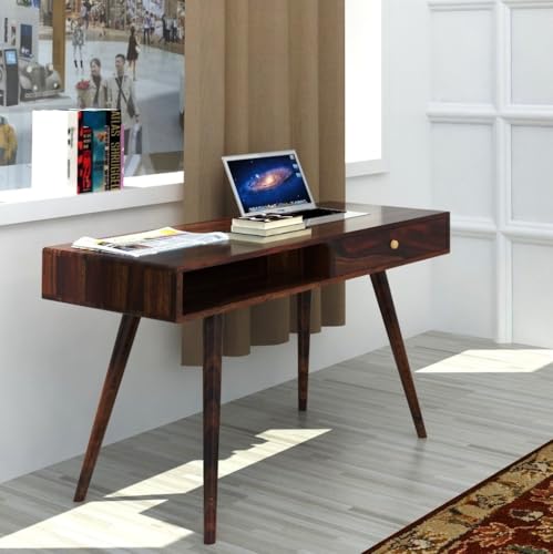 Image of DEMIWALL Wooden Writing Study Desk Table for Home & Office | Laptop Computer Table with One Drawers & One Open Shelf Storage for Adults & Students | Sheesham Wood, Brown Finish