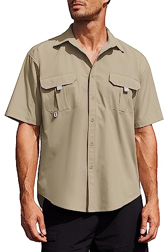 Coofandy Mens Shirt Fishing Pockets Upf 50+ Lightweight Cool Loose Moisture Wicking Hiking, Light Brown, Small, Short Sleeve #TOP30