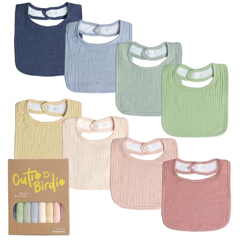 Image of Cutie Birdie 8-Pack Muslin Baby Bibs - Ultra-Absorbent, Soft Cotton Bibs for Drooling and Teething, Bibs for Boys and Girls, Machine Washable