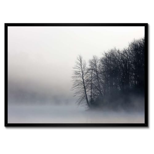 Forêt brumeuse d'hiver poster sous cadre blanc 70x50 cm décoration murale nature