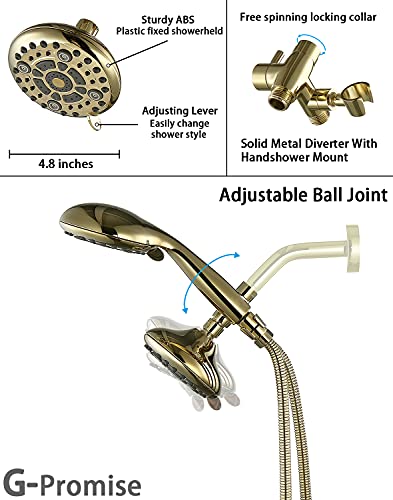 G-Promise High Pressure Dual Shower Head Combo | 72 Inches Flexible Stainless Steel Hose, 3-Way Solid Brass Diverter Bracket (Polished Brass) #TOP2