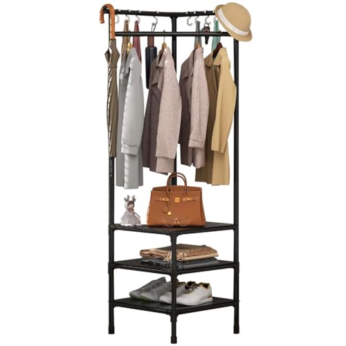iDopick Corner Coat Rack,Freestanding Sturdy High Hall Trees Corner Shelf Stand with Shoe Storage 3 Tier and 4pcs Hooks for Entryway,Dress Room,Bedroom,and Living Room, Black