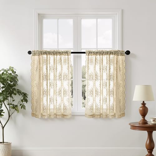 Image of MIULEE Vintage Floral Scalloped Lace Curtains 2 Panels, Beige 52 inch W x 36 inch L | Victorian Decorative Design, Semi Sheer Curtains, Pretty Cafe Short Tier Panels, Lace Small Drapes for Kitchen
