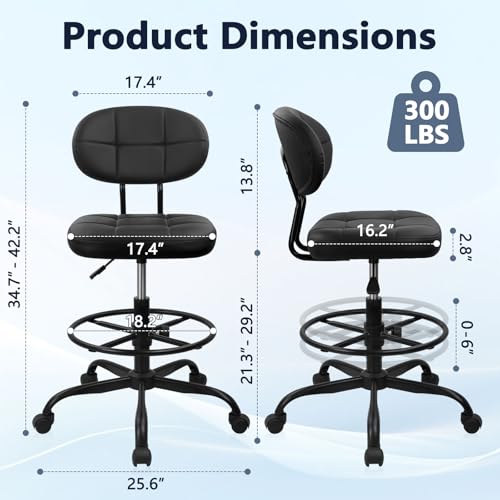 Image of KLASIKA Drafting Stool with Backrest, Tall Adjustable Height Office Chair, PU Leather Swivel Rolling Stool with Footrest & Wheels for Standing Desk, Bar, Salon, Spa, Lab, Counter, Home, Black,4PK