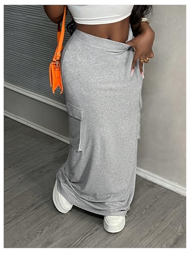 MakeMeChic Women's Y2k Plus Size Elastic High Waist Skirt Bodycon Maxi Skirts with Pocket2