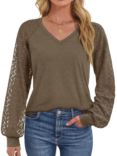 ATHMILE Womens Long Sleeve Shirts V-Neck Lace Tops Business Casual Blouses Tee 2025 Trendy Fall Fashion Outfits Clothes