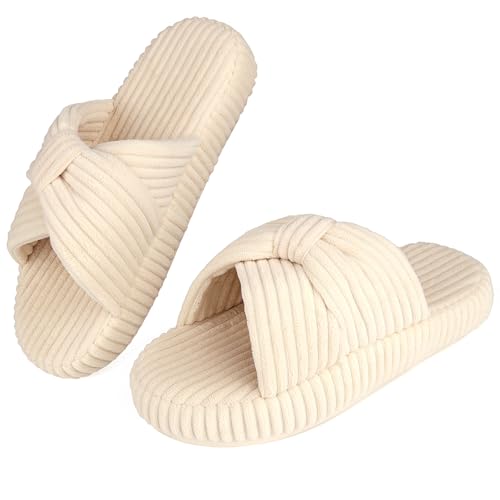 Women's Comfy Memory Foam Corduroy Bow Slip-On Open Toe Bedroom Slides Home Slippers Indoor/Outdoor
