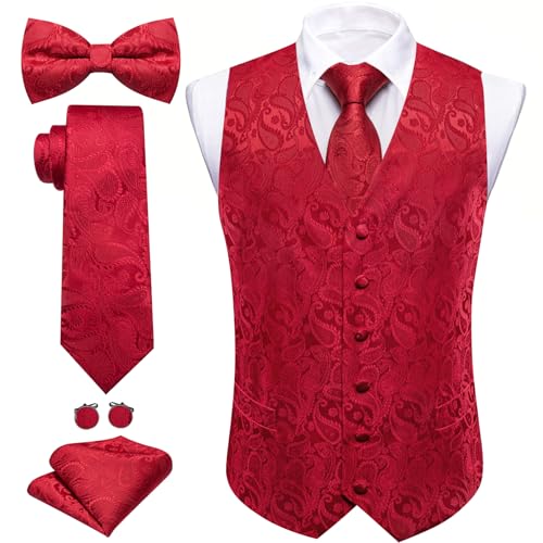 Image of Barry.Wang Men's Suit Vest Tie Bowtie Set Formal Silk Paisley Waistcoat Hanky Cufflinks Lapel Pin Set Wedding Party 7PCS
