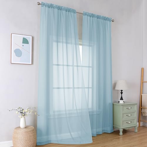 Image of Simplebrand Light Blue Sheer Curtains 96 Inches Long, Light Filtering Sky Blue Rod Pocket Solid Color Window Sheer Curtain Panels, Elegant Curtains & Drapes for Living Room, Bedroom 2 Panels, 42 inch W