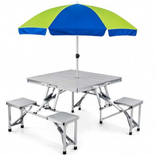 Foldable Picnic Table with Umbrella, Portable 4 Seater Camping Ta...