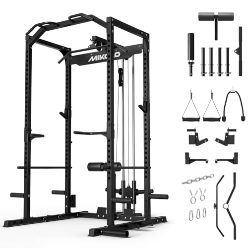 Mikolo F4 2.0 Power Cage with Dual-Track Smooth Pulley System 1200LBS Power Rack with Leg Hold-Down for Heavy LAT Pulldowns All-in-One Squat Rack with More Training Attachments for Home Gym (Black)