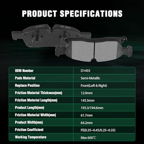 Image of AUTOMUTO Front Brake Pads, 4PCS Front Semi-Metallic Brake Pads Set D1455-8856 2011-2018 For Dodge For Durango, 2011-2018 For Jeep For Grand Cherokee
