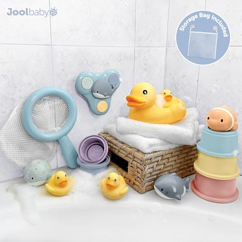 Image of Jool Baby 15-Piece Bathtub Toys Gift Set with Bath Toy Storage Organizer | NAPPA Award Winner - Great Gift in Gift-Ready Packaging - Includes Mesh Storage Bag for Air Drying & Keeping Toys Organized