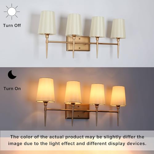 Image of KSANA Gold Bathroom Light Fixtures, 4 Light Modern Vanity Lights for Bathroom with White Fabric Shade, 29 Inch Bathroom Lighting Lights Fixtures Over Mirror