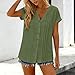 Womens Short Sleeve Tops Cotton Linen Button Down Shirts V Neck Pleated Front Casual Loose Work Business Beach Blouses Army Green