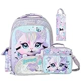 Picture of Girls Backpack 3 in 1 Kids Backpacks for Girls Cute Light Purple Cat Kawali Backpack for Preschool Elementary Kindergarten,Light Purple Color,Large Capacity,16 Inch