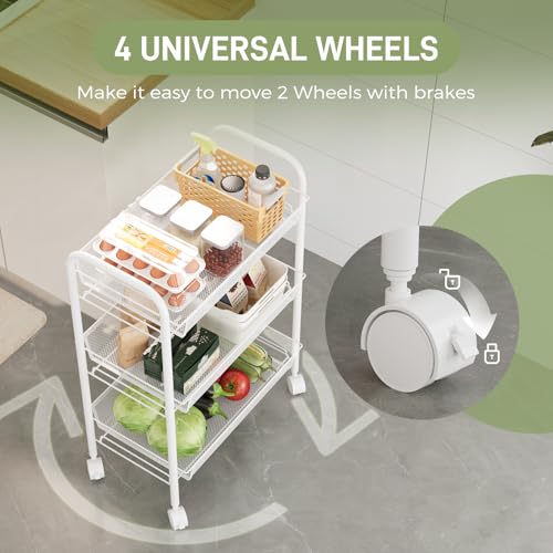 WELDUN 3 Tier Storage Trolley, Rolling Cart, Kitchen Storage Cart, Metal Bathroom Cart, Portable, Robust and Easy to Assemble, Bedroom Kitchen Bathroom Living Room Storage Cart, Metal, White - Image 3
