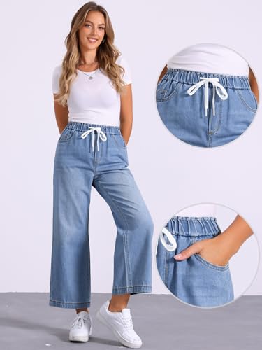 Allegra K Casual Denim Pants for Women's Baggy 2025 Trendy Elastic Waist Wide Legs Drawstring Jeans2