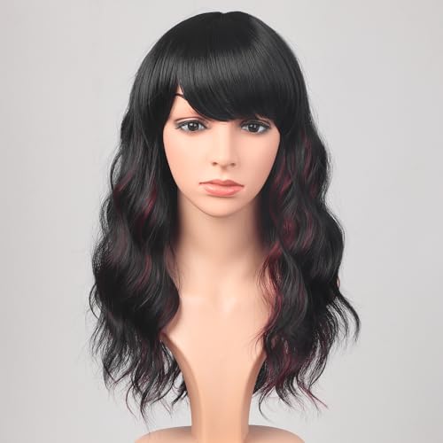 Burdundy-Black Hair Wavy Wigs With Bangs For Women Synthetic Black Hair With Red Undertones Wigs For Daily Use Everyday Wear.