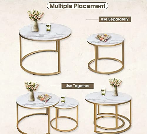 HEYZOEY Round Coffee Tables, Removable Set of 2 End Table, Nesting Tables with Gold Metal Frame Legs and Marble White Top for Living Room, Bedroom, Office, Balcony, Apartment (White)