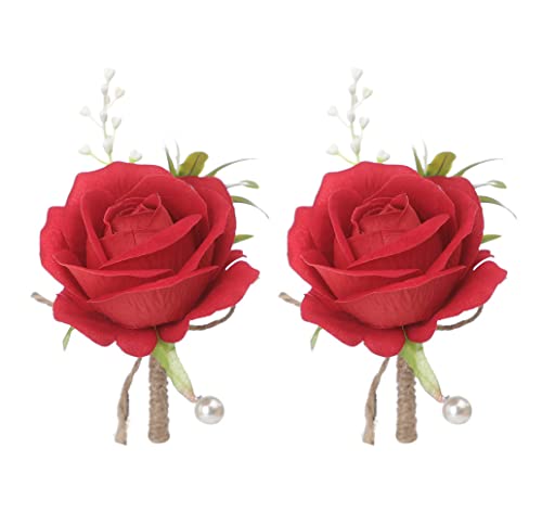 YdseozOA 2pcs Corsage Mariage boutonnière Artificielle Rose Fleurs Bouquet Broche décor pour mariée marié Mariage Bal fête Banquet Rose boutonnière (Rouge)