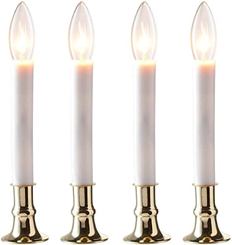 PREXTEX Christmas Candles - Set of 4 Brass Plated Window Electric Candle Set for Home, Kitchen with Automatic On/Off Sensor for Dusk to Dawn, Christmas Lights, Candle Lamp, Party Lights