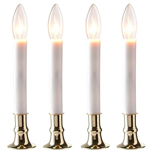 PREXTEX Christmas Candles - Set of 4 Brass Plated Window Electric Candle Set for Home, Kitchen with Automatic On/Off Sensor for Dusk to Dawn, Christmas Lights, Candle Lamp, Party Lights