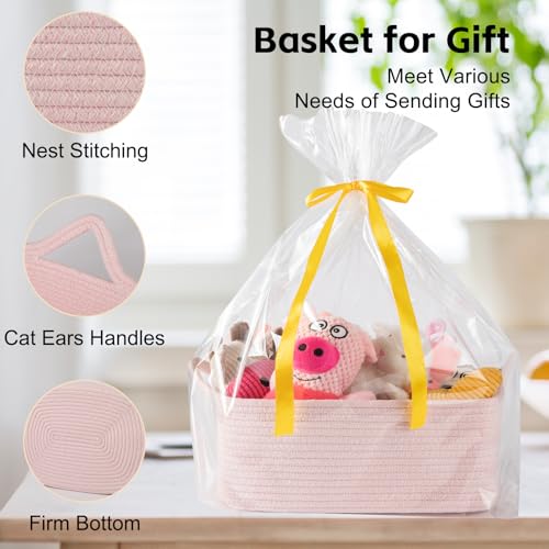 Image of OIAHOMY Woven Basket, Gift Basket Empty with Gift Bags and Ribbons, Rope Baskets for Baby Showers, Storage Baskets with Handles for Nursery, Pet Toy Organizer - Mixed Pink